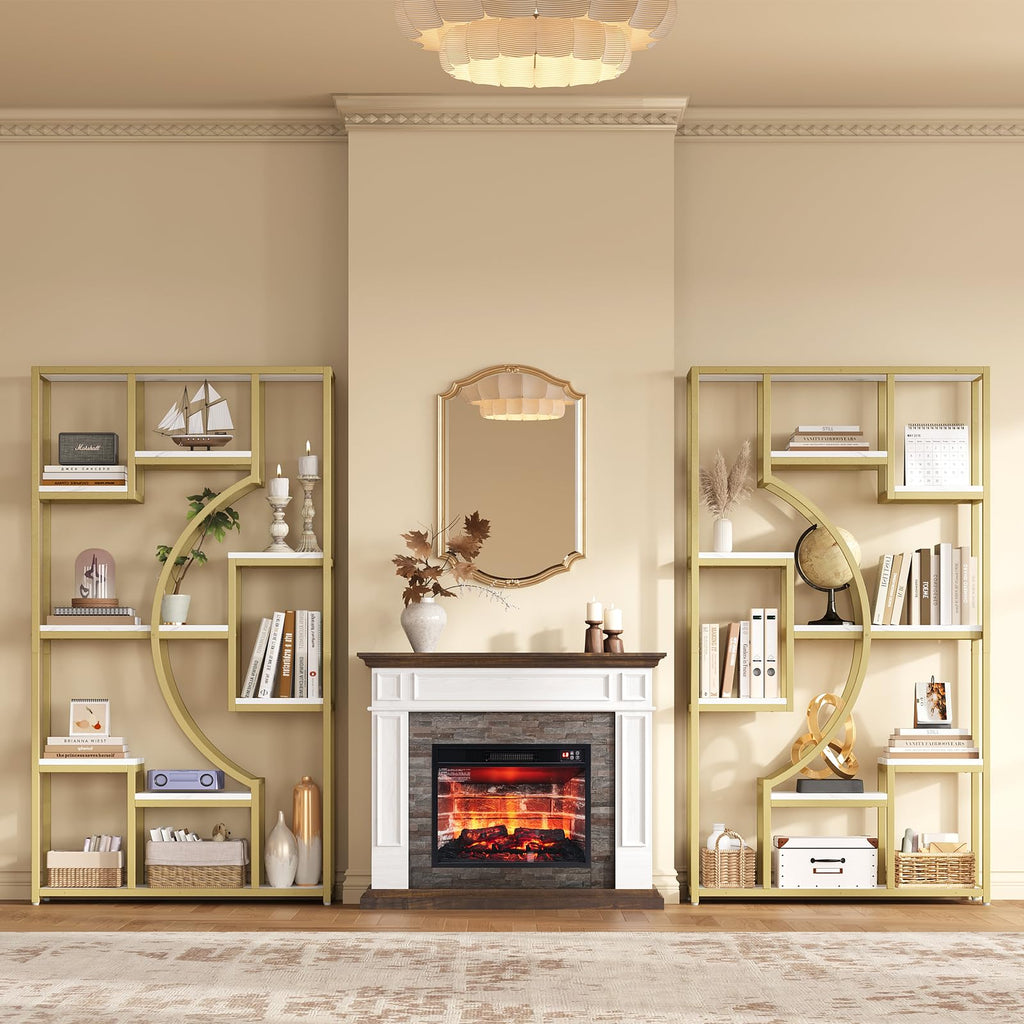 79" W Luxury Marble-Patterned White Gold Bookshelf, Modern Geometric Half-Moon Style, Flexible Modular Open Storage Unit for Living Room, Home, Office
