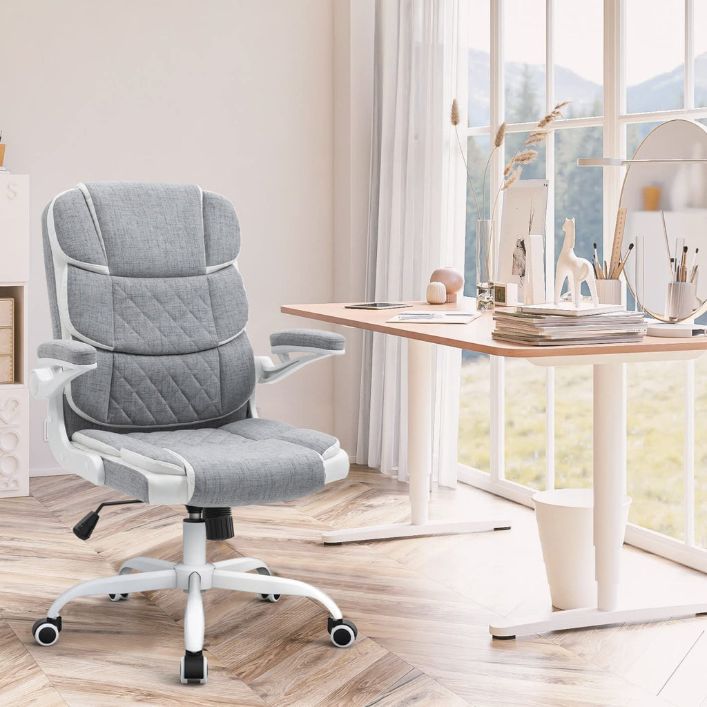 Home Office Desk Chairs Grey Linen Fabric Executive Office Chair with Wheels and Arms Comfortable Ergonomic Desk Chair for Adults and Teens