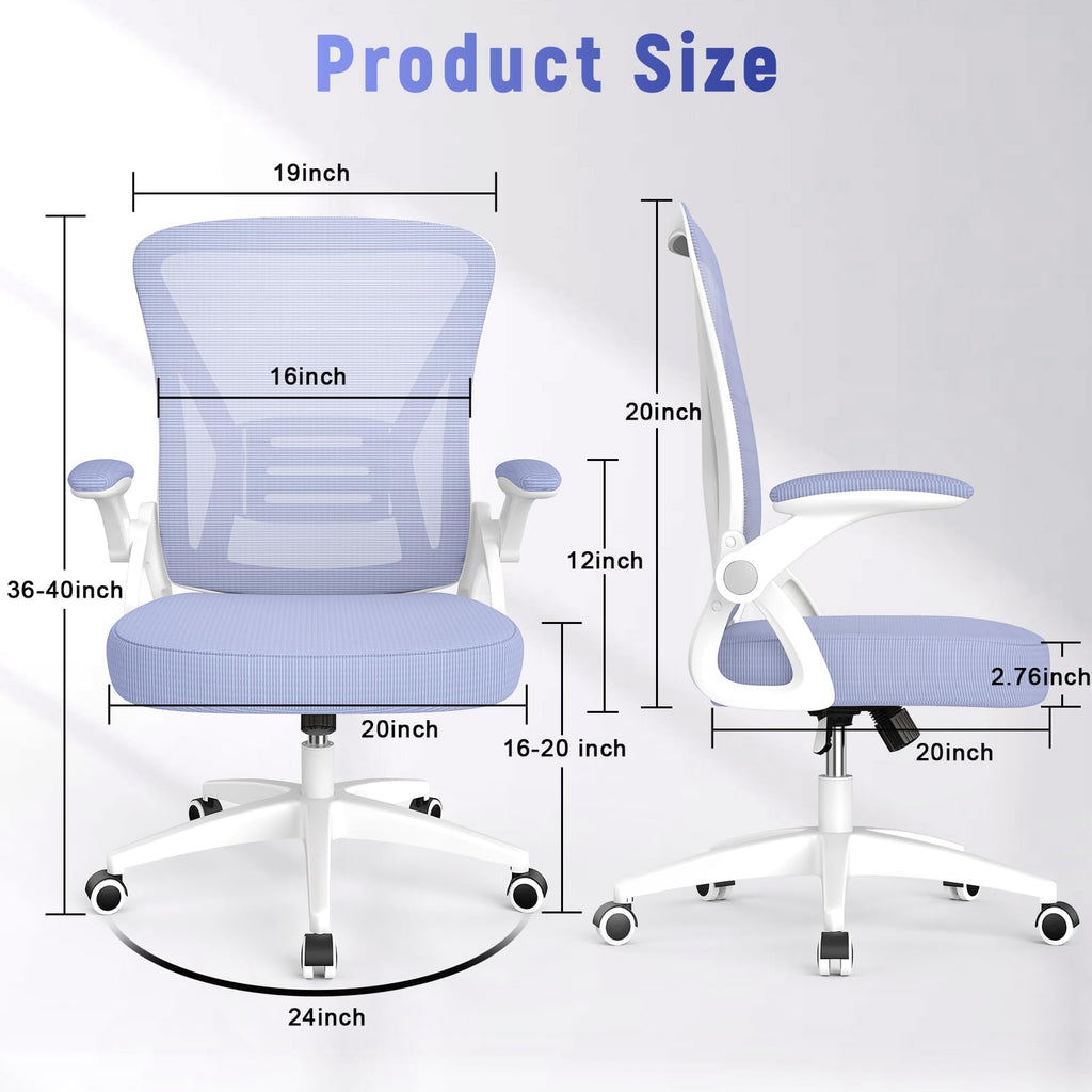 Ergonomic Office Chair, Mid Back Desk Chair with Adjustable Height, Flip-Up Arms and Lumbar Support, Breathable Mesh Swivel Computer Chair for Home Study Working/Light Purple