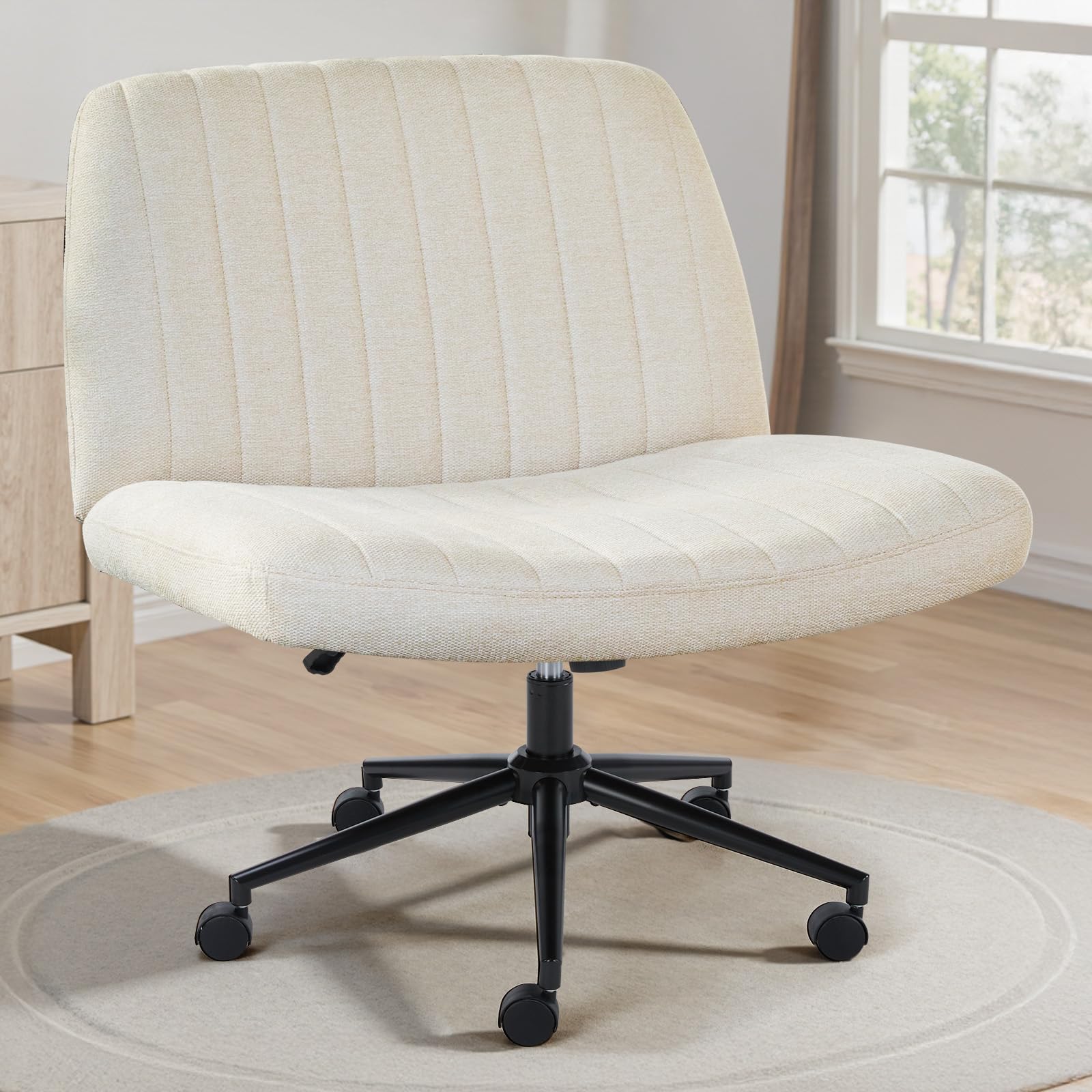 Criss Cross Chair with Wheels Wide Cross Legged Office Desk Vanity Chair Comfy Fabric Armless Adjustable Swivel for Home Computer Task Fabric Beige
