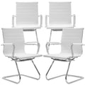 Conference Room Chairs Set of 4, Waiting Room Chairs with Arms, Faux Leather Reception Chairs No Wheels, Office Guest Chairs with Mid Back Support and Chrome Sled Base, WhiteWhite