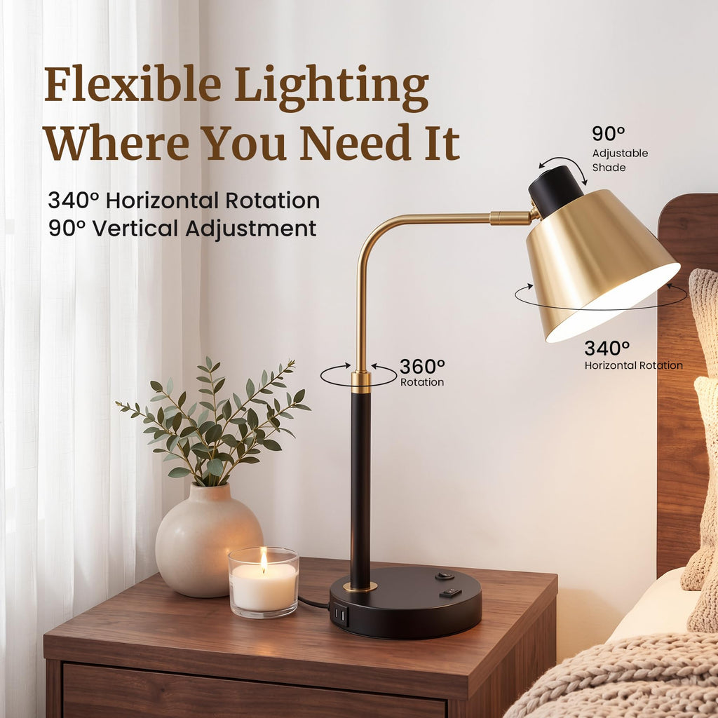 Desk Lamp with USB-C, USB-A and AC Outlet, Adjustable E26 Table Lamp for Home Office and Bedside Reading, Matte Black and Brushed Brass-Look, Bulb Not Included