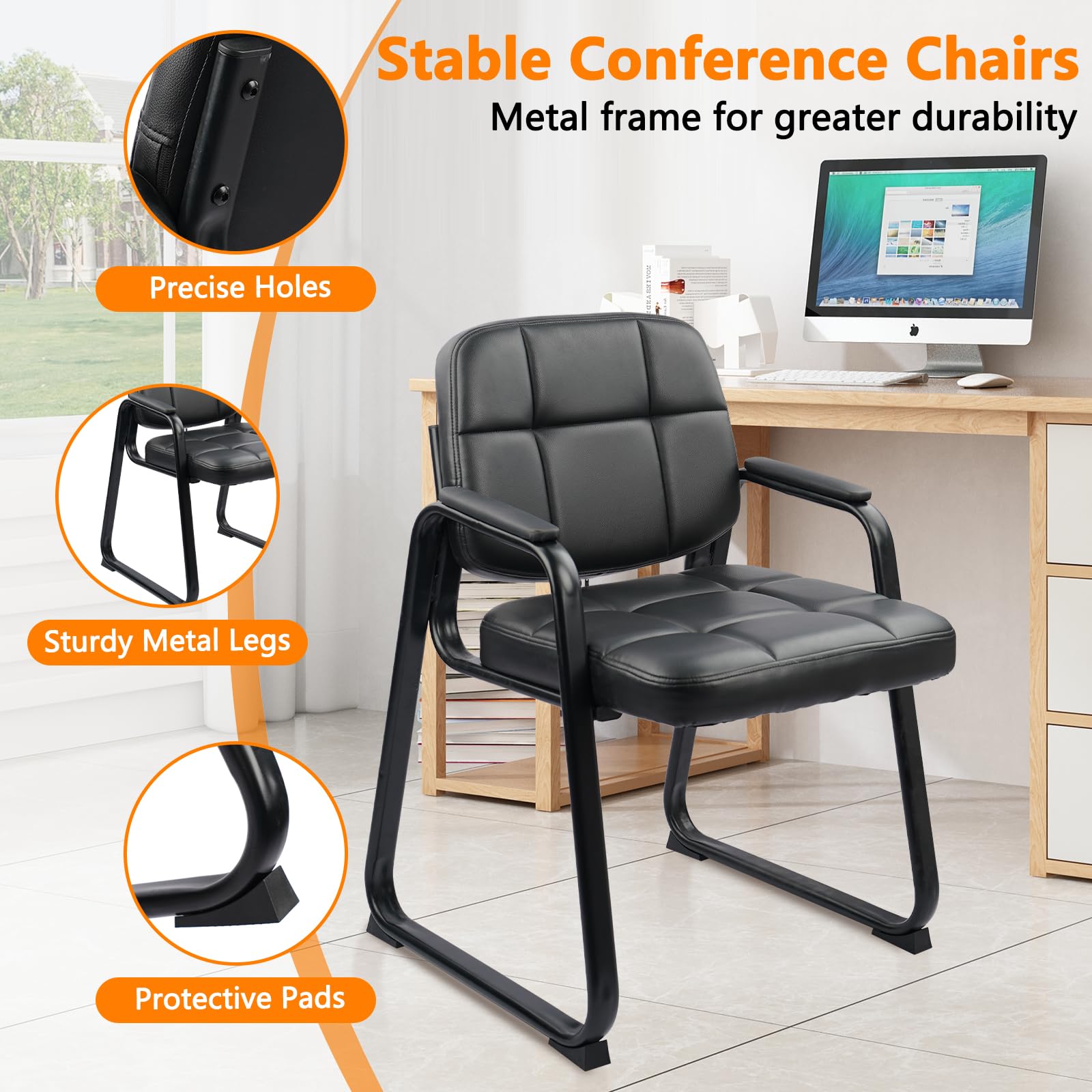 2 Pack, Waiting Room Guest Chair with Bonded Leather Padded Arm Rest for Office Reception and Conference Desk Black with Sled Base