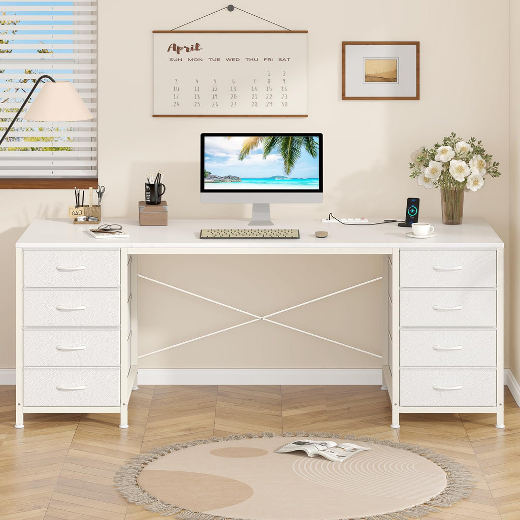 60 Inch Computer Desk with 8 Drawers, Home Office Desk with Power Outlets, Work Study Gaming Desk with 8 Fabric Drawers
