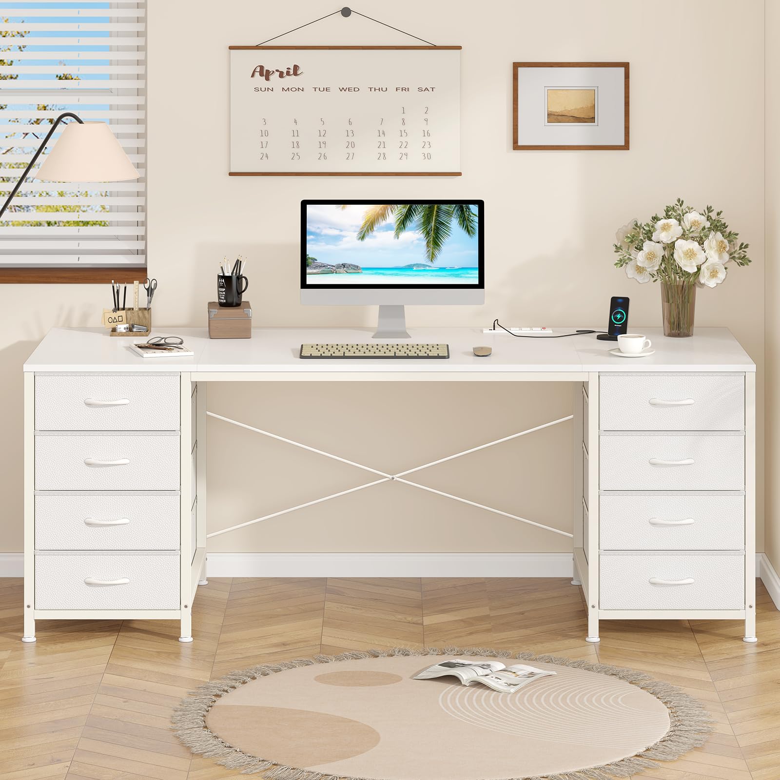 60 Inch Computer Desk with 8 Drawers, Home Office Desk with Power Outlets, Work Study Gaming Desk with 8 Fabric Drawers