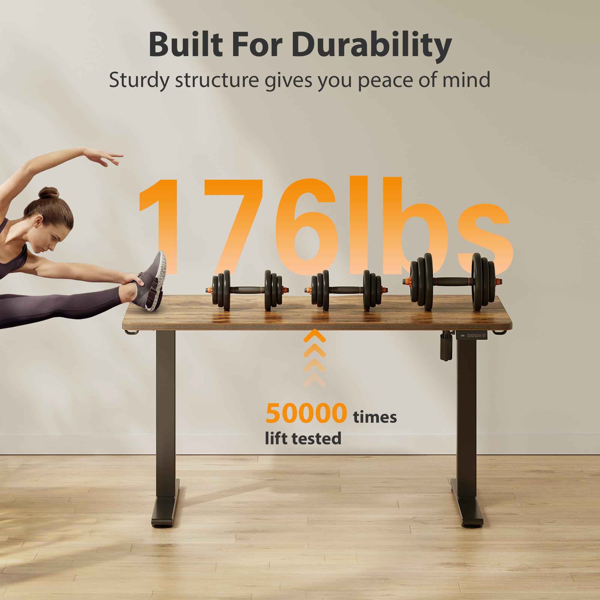 Standing Desk, 55x28 Inches Sit Stand Home Office Desk, Electric Stand up Desk, Adjustable Desk with Splice Board, Black Frame/Rustic Brown Top