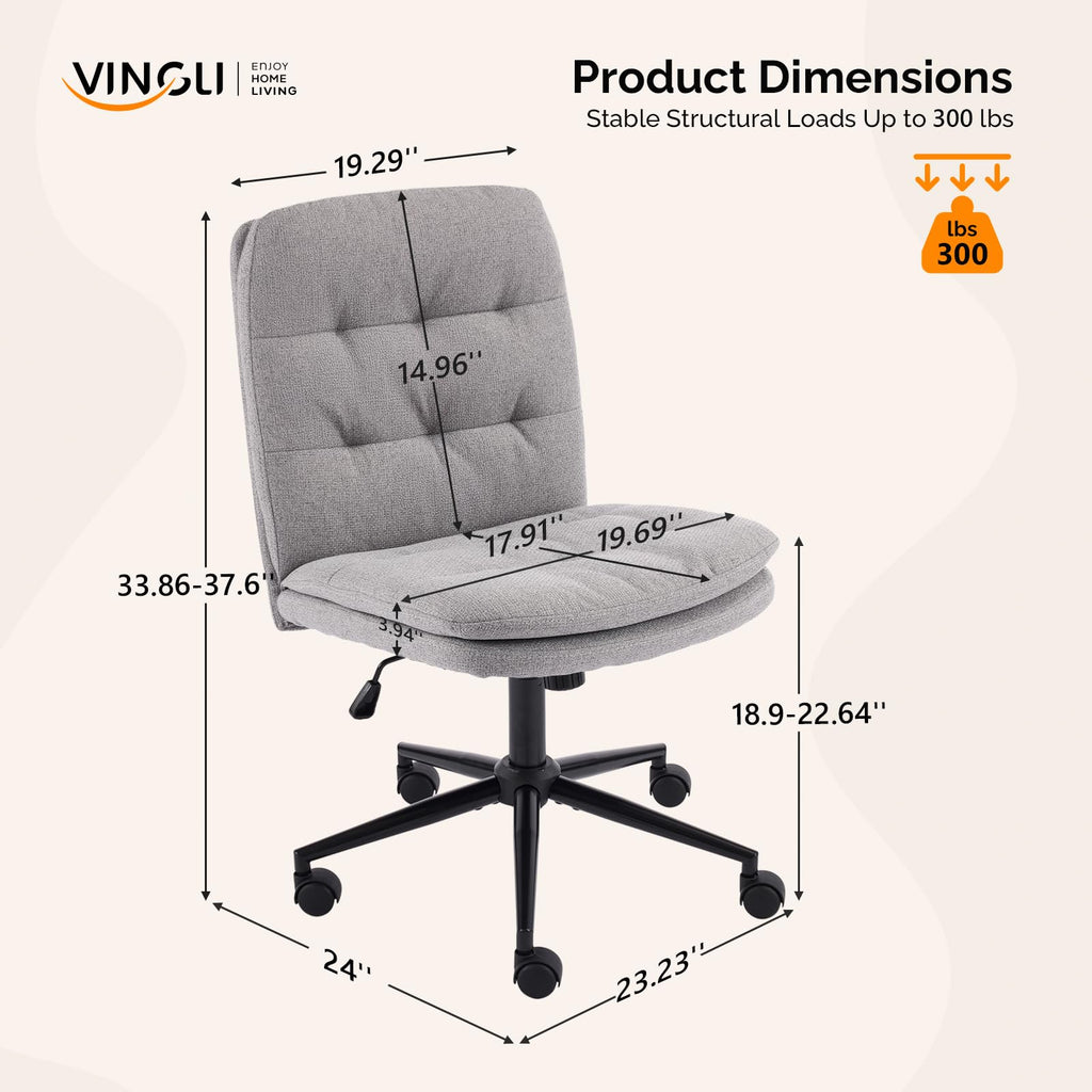Mid Back Armless Office Desk Chair with Wheels/no Wheels,360°Rocking Swivel Vanity Chair with Thickened Cushion,Adjustable Height Rolling for Reading Room, Make up, Linen Dark Grey
