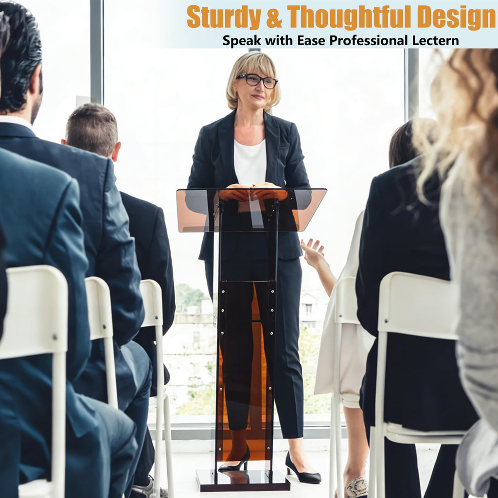 Acrylic Podium Stand 45.5" with Storage Shelf, Modern Amber Lectern Professional Presentation Podiums with Reading Platform for School, Classroom, Weddings, Conference, Concert, Events, Church