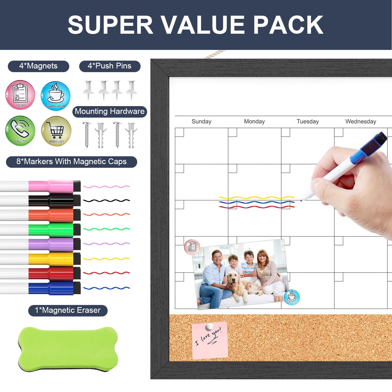 Dry Erase Calendar for Wall, 18x24 Inches Calendar Whiteboard for Wall, Magnetic Monthly White Board Corkboard with Wood Framed, Hanging Dry Erase Board for Kitchen Home Office School Planner