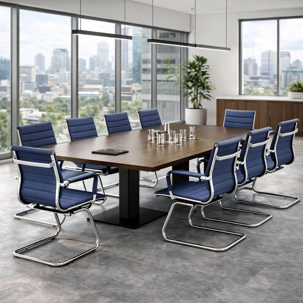Office Desk Chair Set of 8,No Wheels PU Leather Computer Chairs Mid Back Guest Chairs with Seld Base for School/Reception/Conference/Waiting Room,Navy Blue