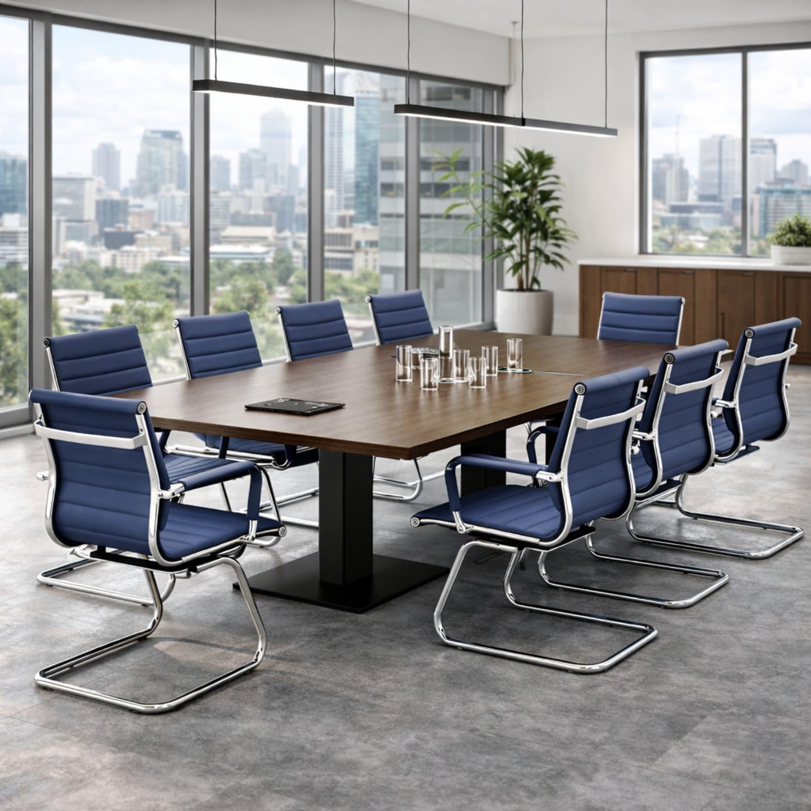 Office Desk Chair Set of 8,No Wheels PU Leather Computer Chairs Mid Back Guest Chairs with Seld Base for School/Reception/Conference/Waiting Room,Navy Blue