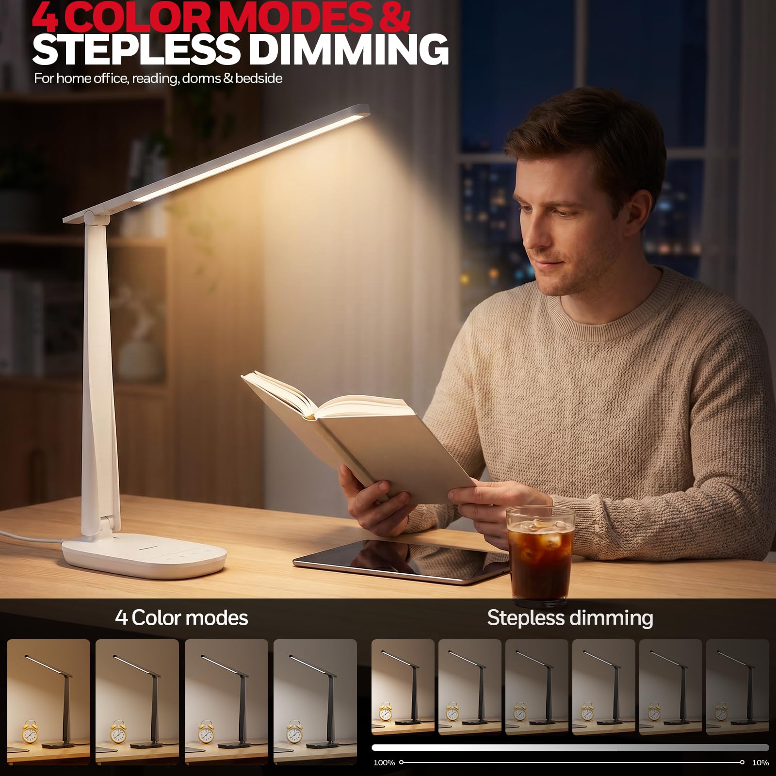 LED Desk Lamp for Home Office, Eye-Caring Dimmable Reading Light with 4 Color Modes, Touch Control, USB-A & USB-C Charging Ports, Adjustable Head, Timer for Bedroom & Small Desks