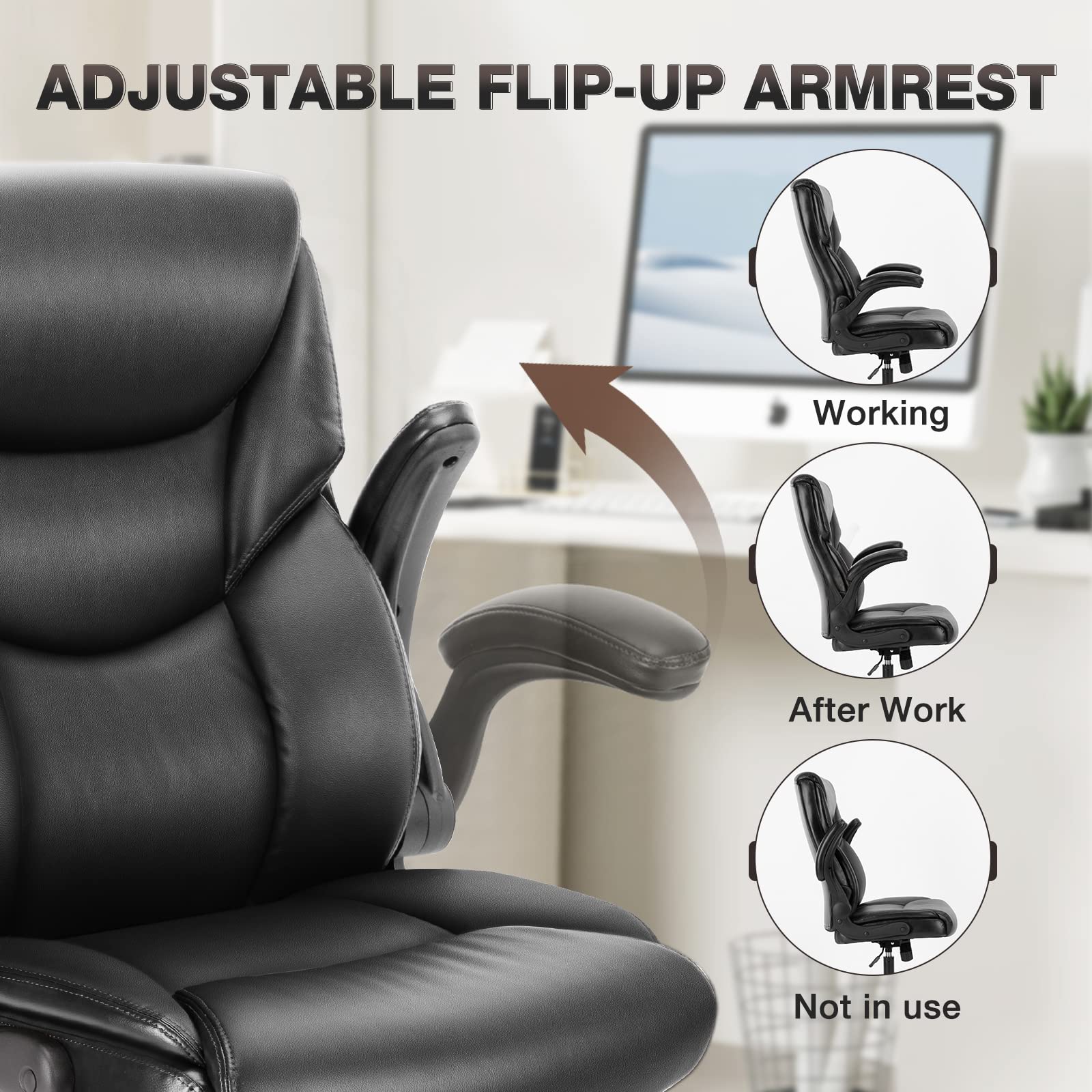 Ergonomic Office Chair, Heavy Duty 275lbs High Back Desk Chair, Flip-up Armrest PU Leather Swivel Rolling Chair with Wheels,Black