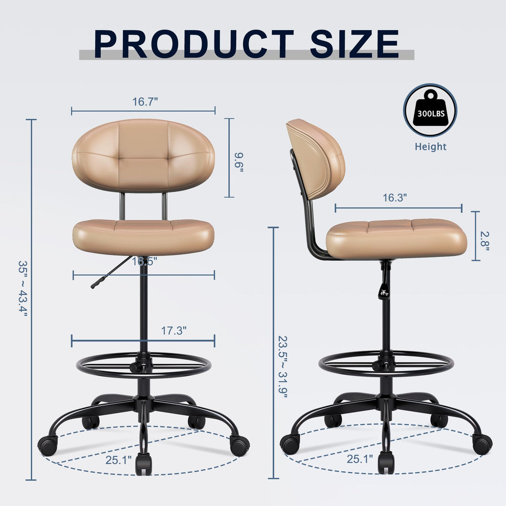 Drafting Chair Without Arms, Tall Office Chair with Footrest Ring for Standing Desk, Small Faux Leather Executive Office Chair with Adjustable Height for Bar Lab Counter Height Desk, Brown