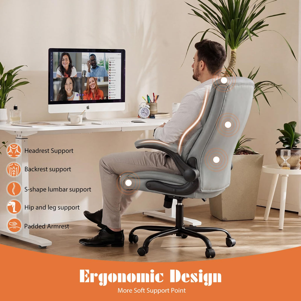 Ergonomic Office Chair, Heavy Duty 275lbs High Back Desk Chair, Flip-up Armrest PU Leather Swivel Rolling Chair with Wheels,Grey