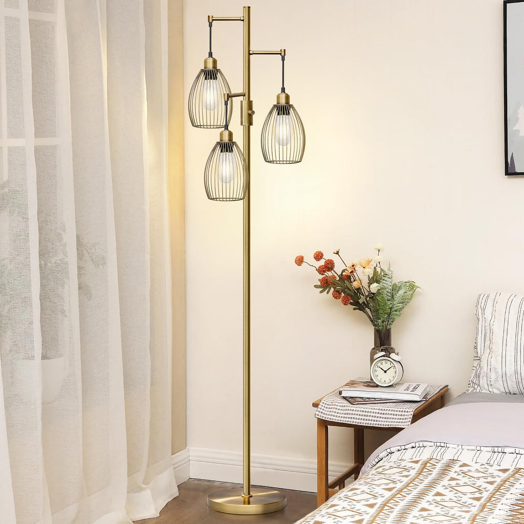 Floor Lamp, 3 x 800LM LED Edison Bulbs Included, Farmhouse Industrial Floor Lamp Standing Tree Lamp with Elegant Teardrop Cage Tall Lamps for Living Room Bedroom Office Dining Room-Brass