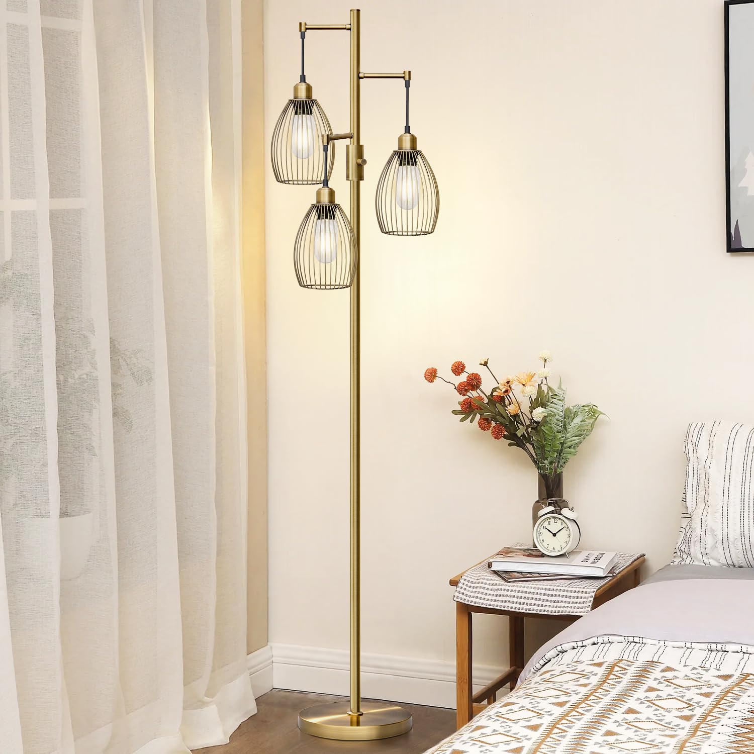 Floor Lamp, 3 x 800LM LED Edison Bulbs Included, Farmhouse Industrial Floor Lamp Standing Tree Lamp with Elegant Teardrop Cage Tall Lamps for Living Room Bedroom Office Dining Room-Brass