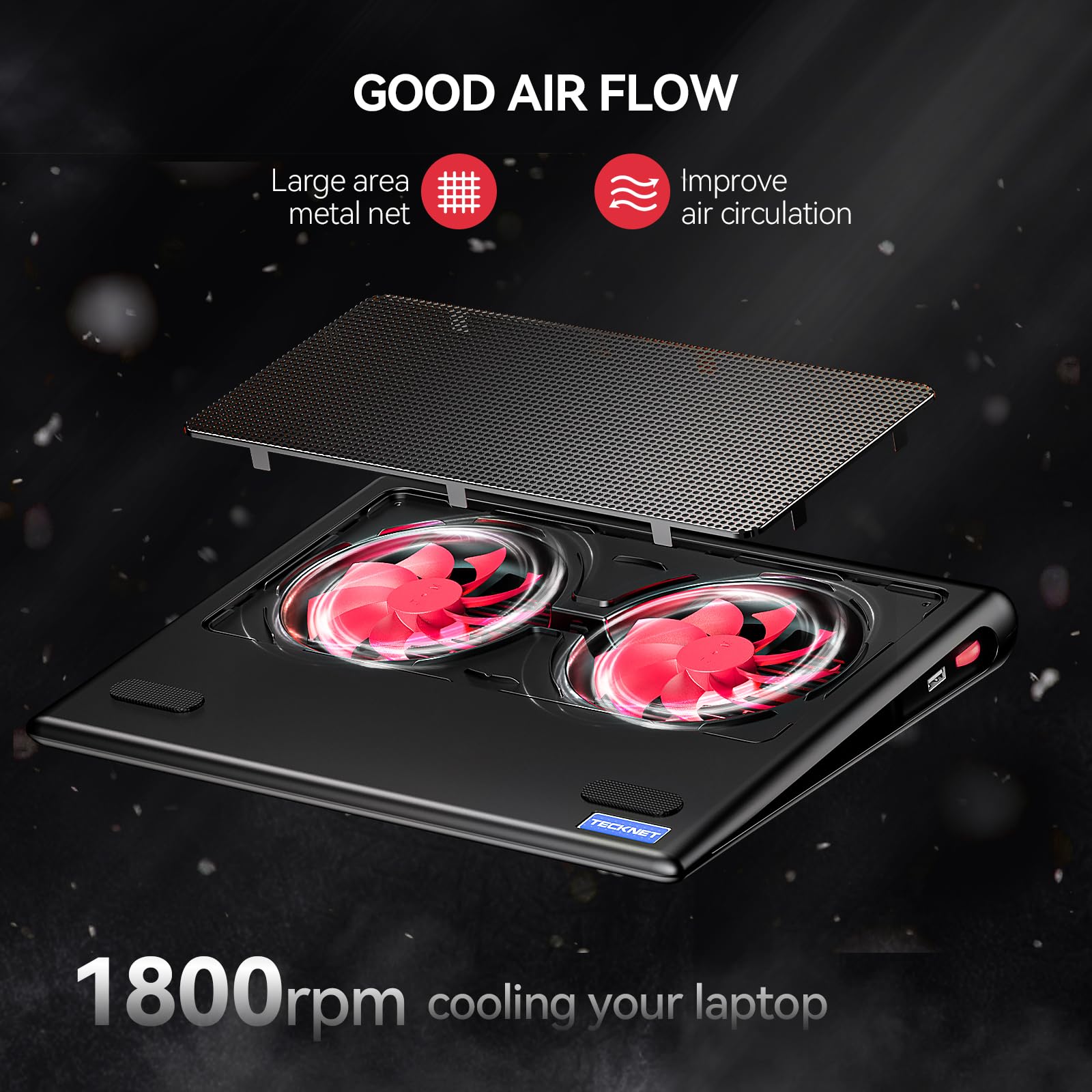 Laptop Cooling Pad - 12"-15.6" Laptops Cooler, Powerful Cooler and Ultra Quiet for Gaming Laptops Pad, 2 Wind Speed Adjustable, USB A & C Powered Cooler Stand with Laptop Fan LED (Red)