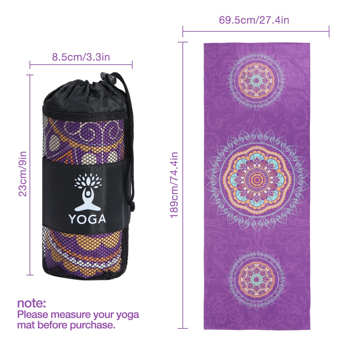 Yoga Towel, Non-Slip Quick-Dry Mat Towel, Purple Mandala