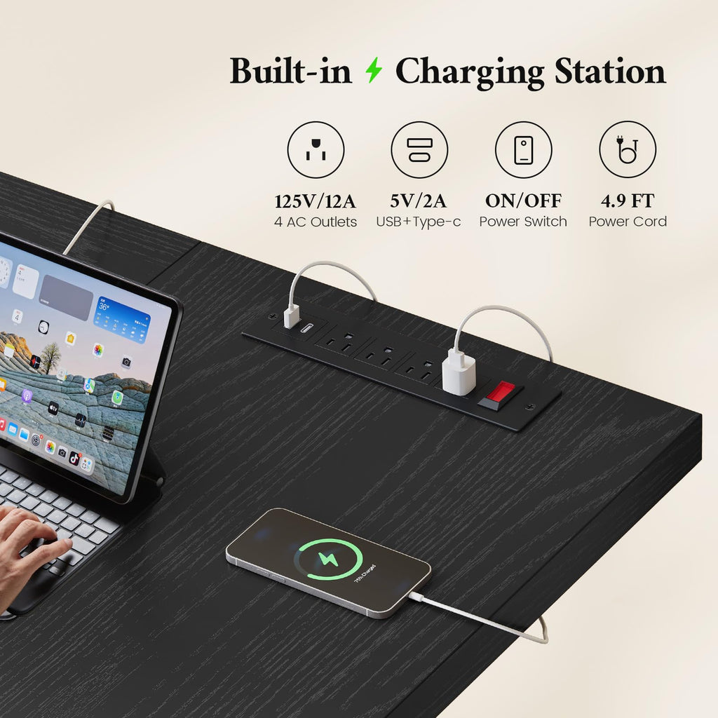 63 Inch Executive Office Desk, Large Computer Office Desks with Power Outlet, Modern Laptop Desk Writing Table Workstation Business Furniture for Home Office, Black