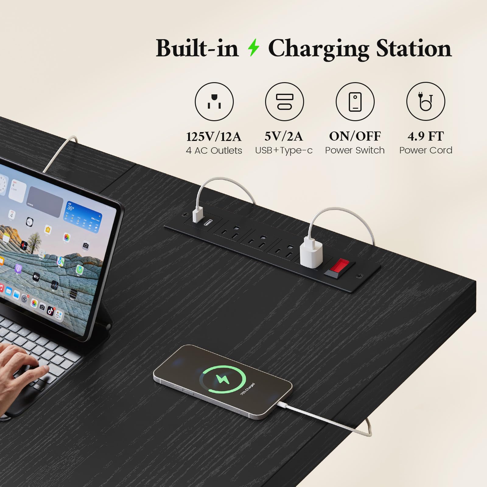 63 Inch Executive Office Desk, Large Computer Office Desks with Power Outlet, Modern Laptop Desk Writing Table Workstation Business Furniture for Home Office, Black