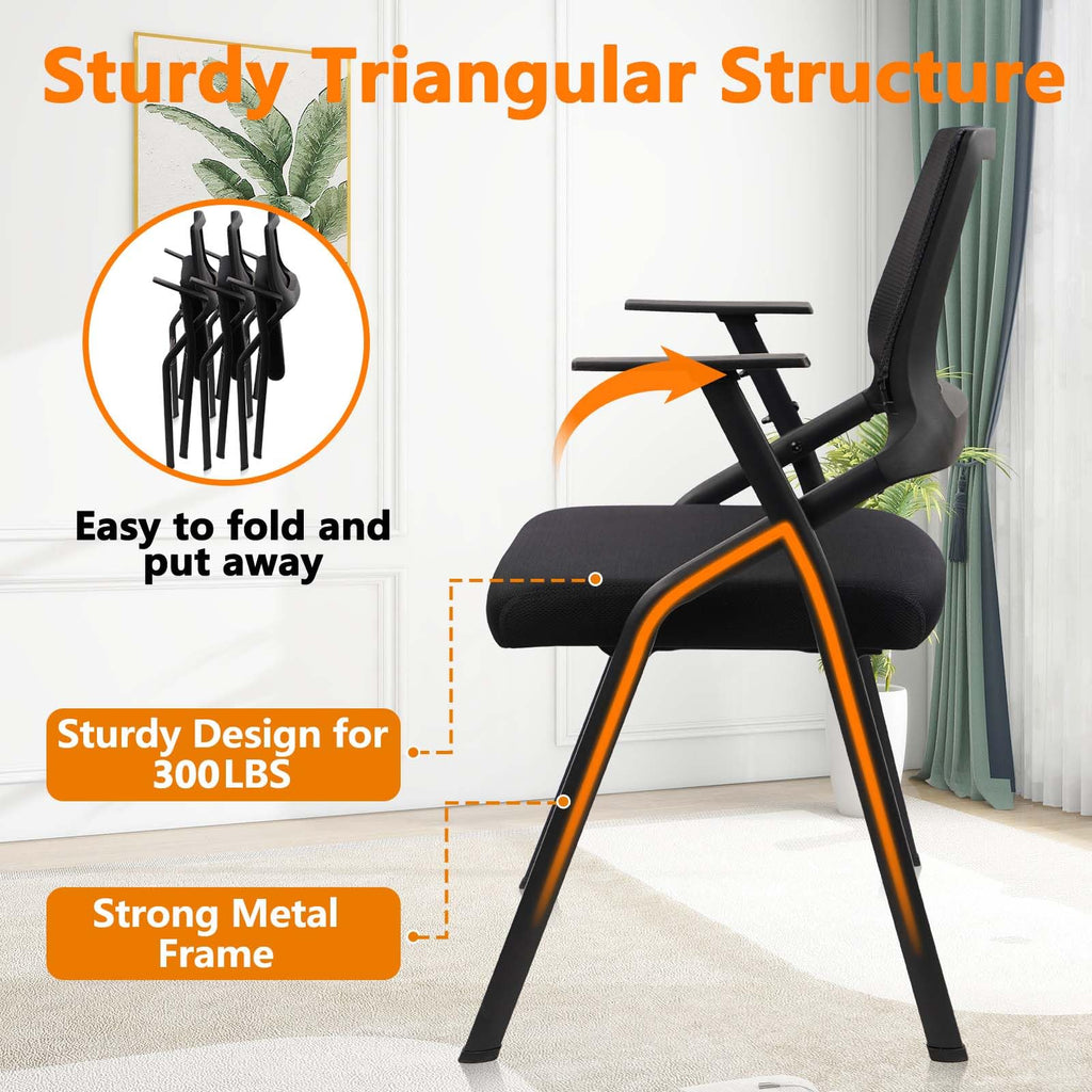 Stackable & Foldable Office Chairs with Ergonomic Lumbar Support and Thickened Seat Cushion, Folding Mesh Fabric Reception Guest Chair for School Church Conference Waiting Room Black