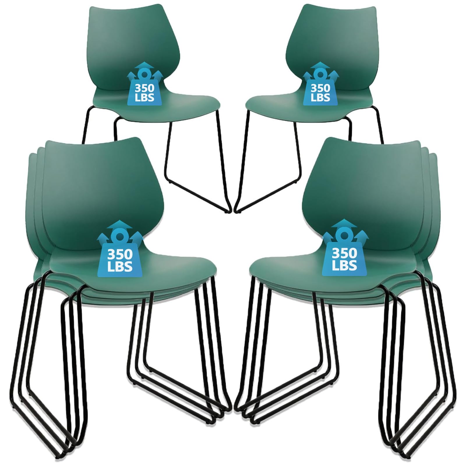 Set of 8, Stackable Waiting Room Chair, Stacking Office Chair with Ergonomic Lumbar Support and Metal Legs, Plastic Desk Chairs for Conference School Church Guest Reception, Green