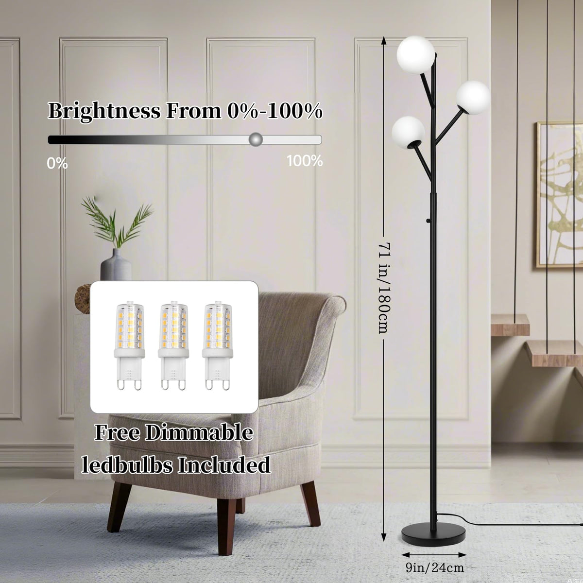 3-Globe Mid Century Black Tree Floor Lamp for Living Room,70in Tall Modern Stepless Dimmable Standing Lamp with Frosted Glass Shade for Office Bedroom, Study Room Bulbs Included(dimmer-Black)