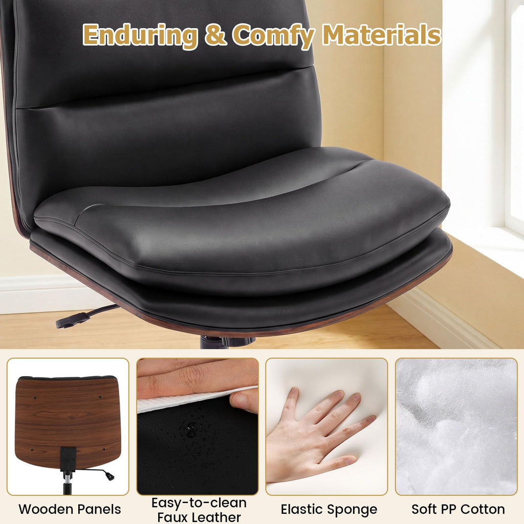 Armless Office Chair with Wheels, PU Leather Height Adjustable Vanity Chair w/Curved Backrest, Mid-Back Criss Cross 360° Swivel Ergonomic Computer Desk Chair for Home Office & Bedroom (Black)
