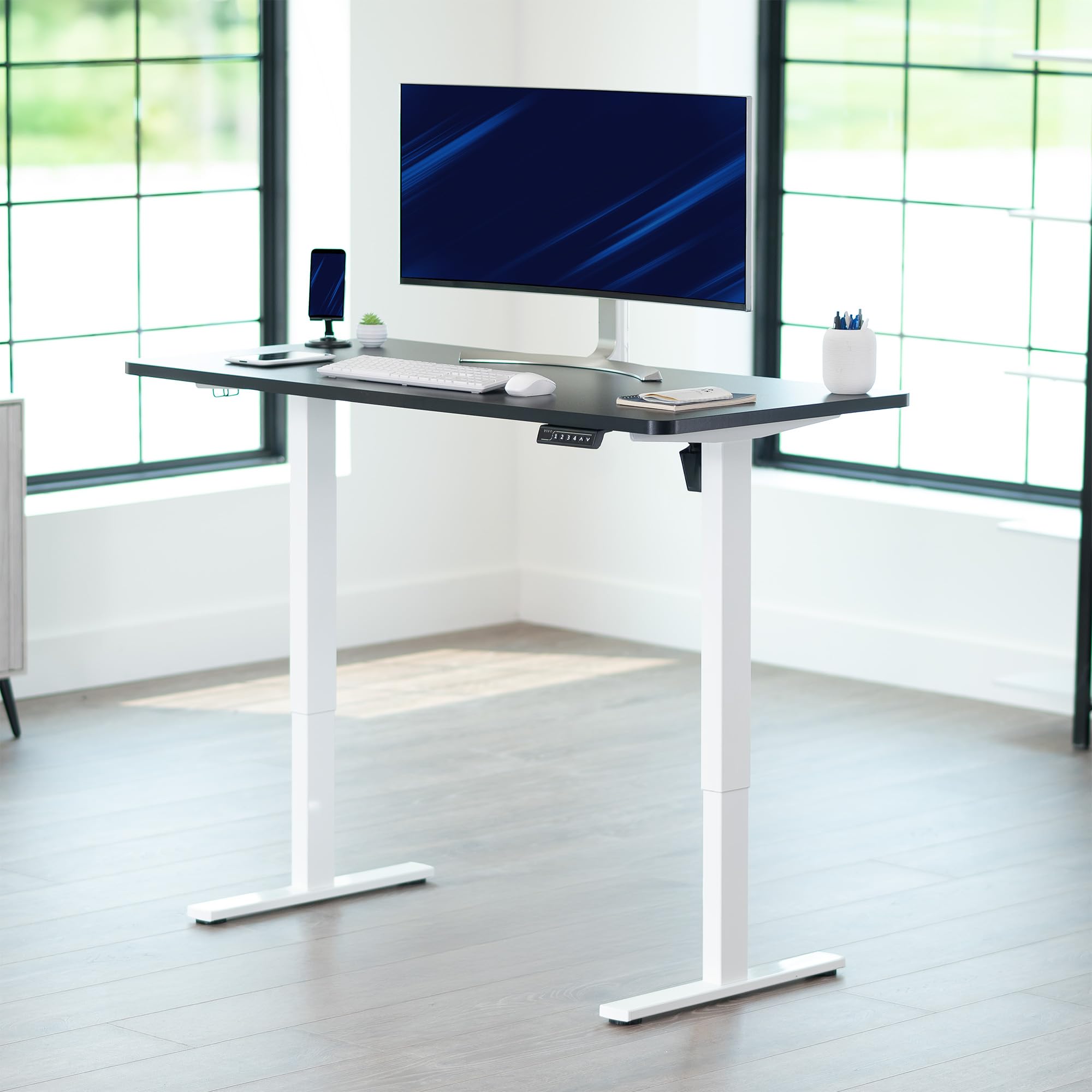 Electric 55 x 28 in Standing Desk, Memory Height Adjustment, 1B Series, Holds 220 lbs, One-Piece Black Top, White Frame
