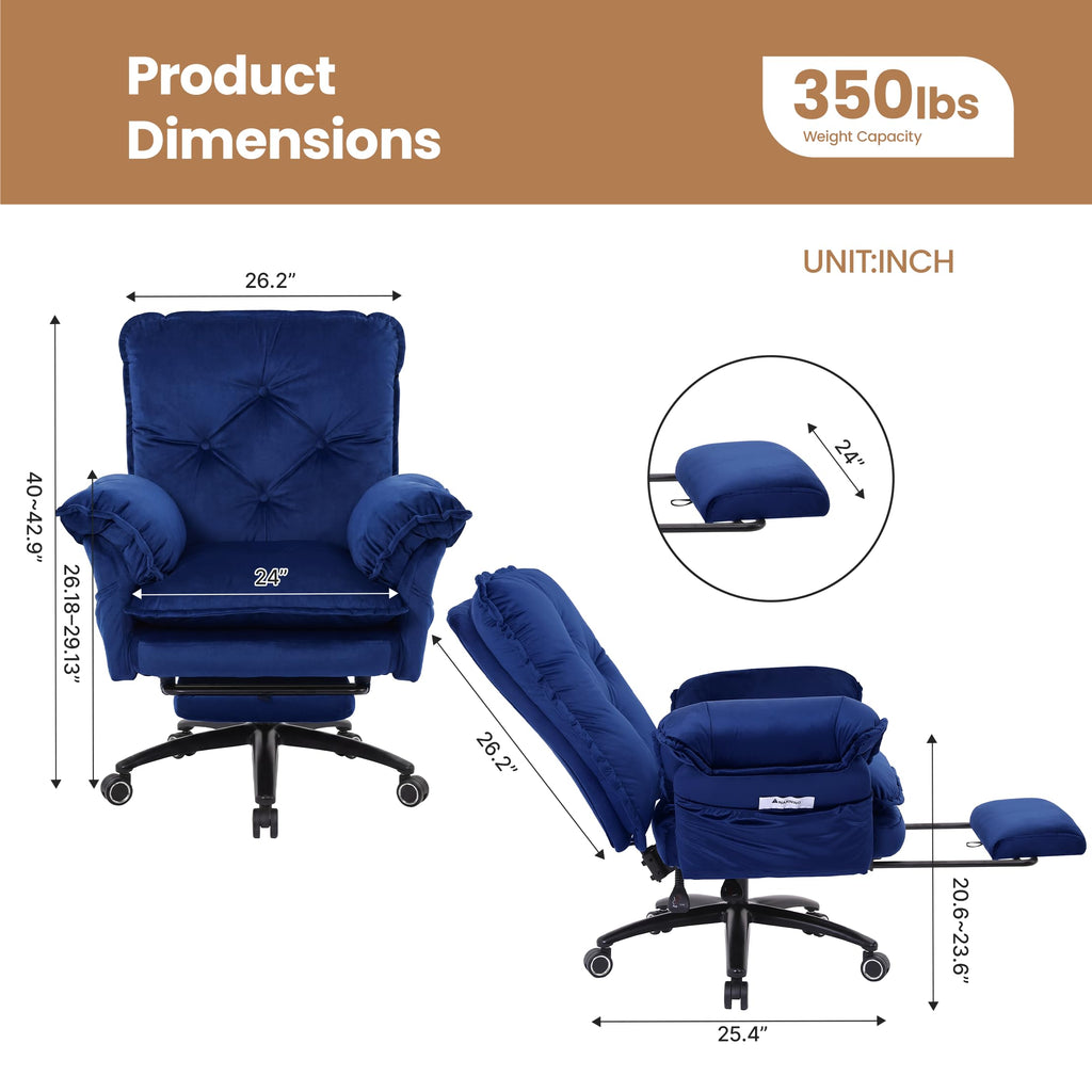 Criss Cross Chair with Adjustable Arms and Foot Rest, Wide Seat Reclining Office Chair with Back and Wheels, Makeup Vanity Chair with Side Pockets, Comfy Velvet Cross Legged Desk Chair, Blue
