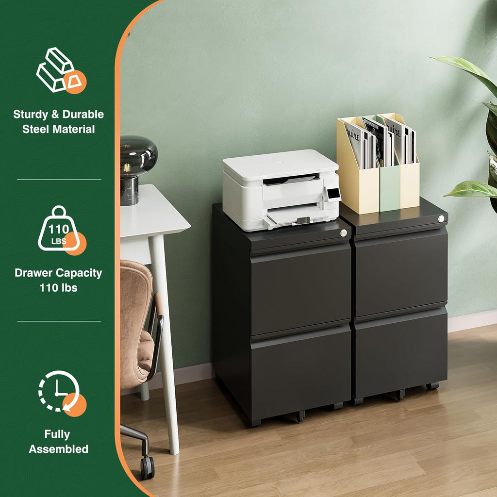 Mobile File Cabinet with Lock,2 Drawer Under Desk Metal Rolling Filing Cabinets for Home Office Organizer Letters/Legal/A4(Fully Assembled-Black)