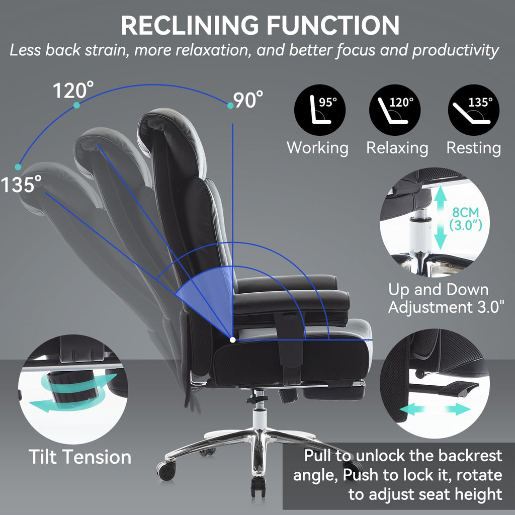 Big and Tall Office Chair with Footrest, 450lbs High Back Executive Chair with Spring Cushion, PU Leather Upholstery, Padded Armrests, Swivel Base, and Rolling Wheels – Black Computer Chair