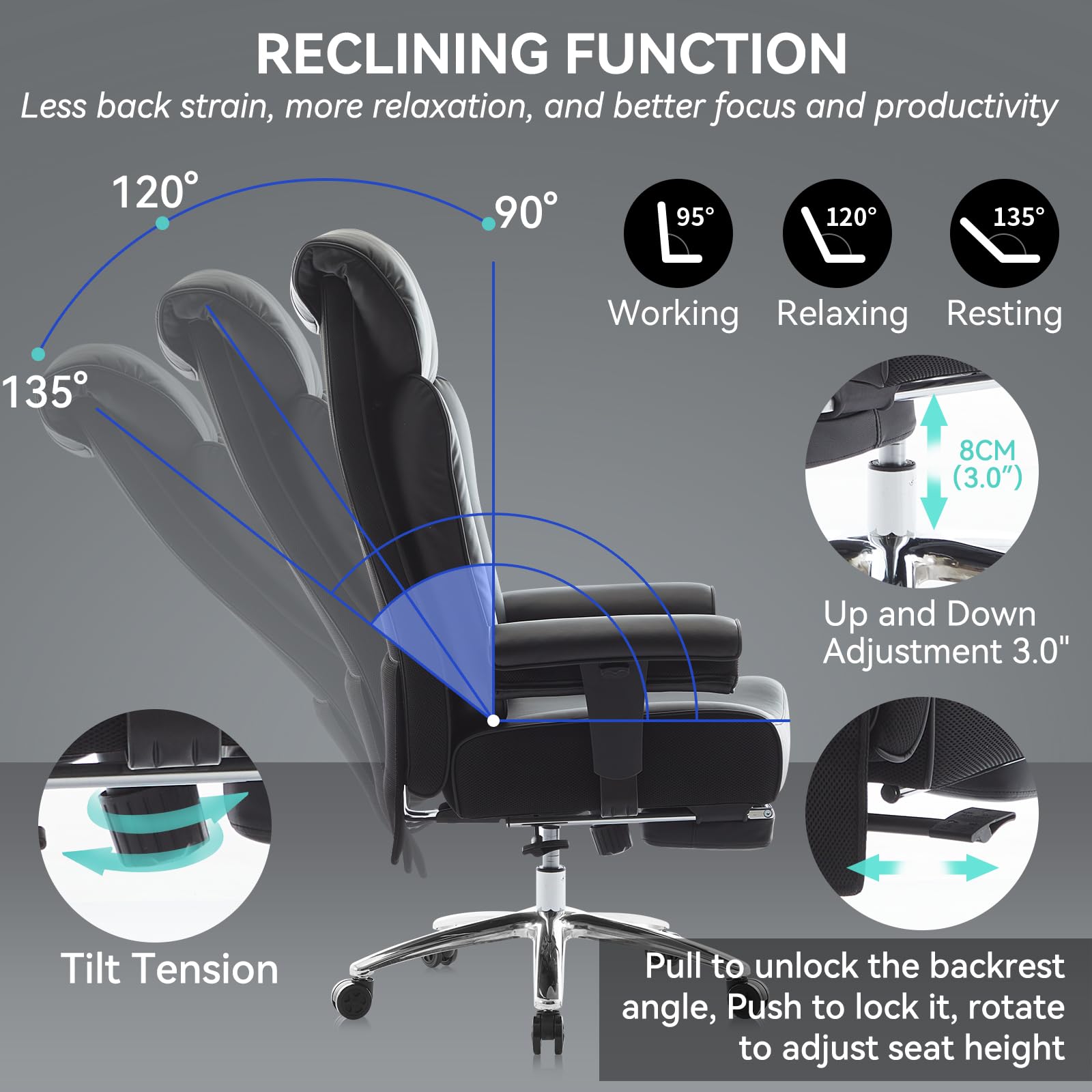 Big and Tall Office Chair with Footrest, 450lbs High Back Executive Chair with Spring Cushion, PU Leather Upholstery, Padded Armrests, Swivel Base, and Rolling Wheels – Black Computer Chair