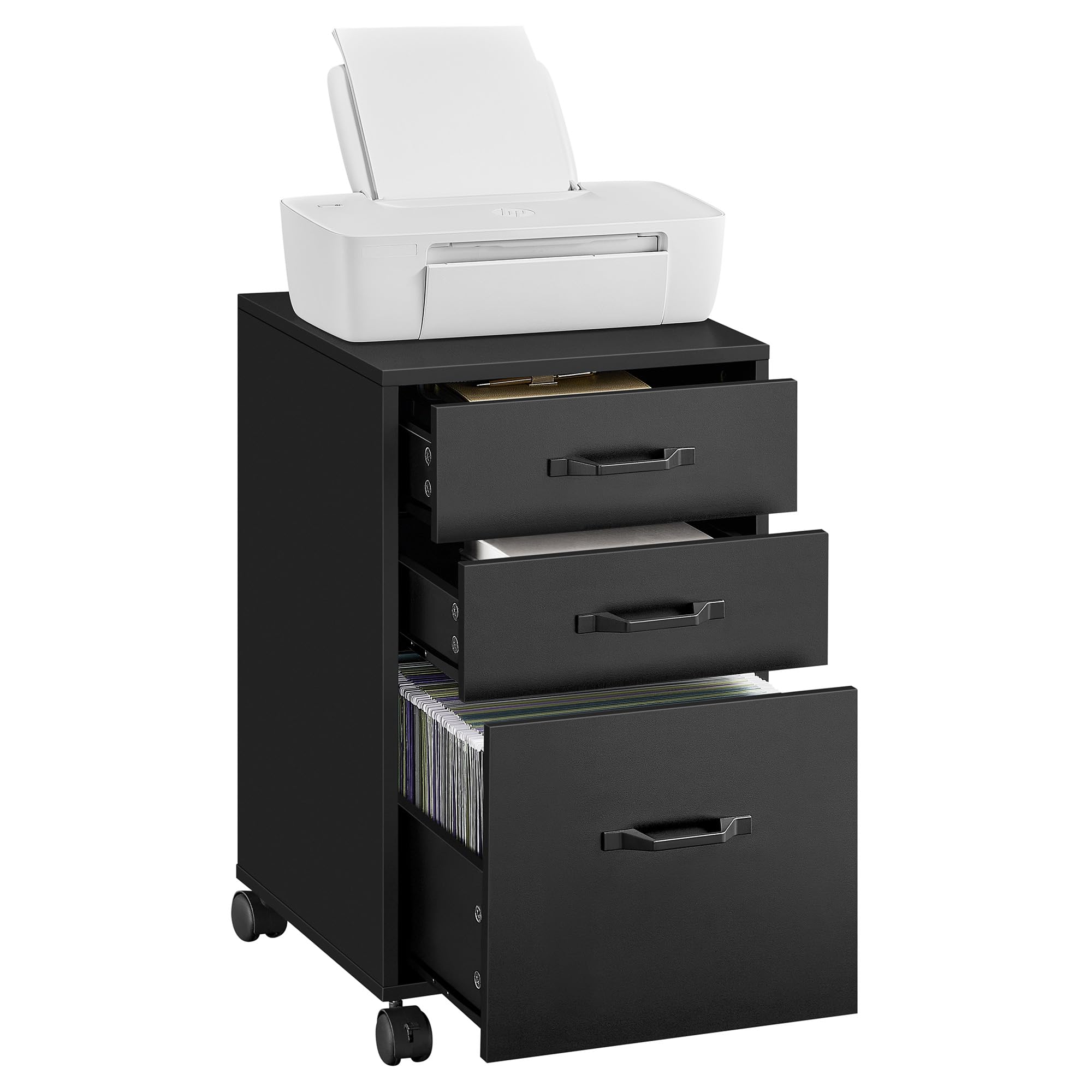 Mobile File Cabinet, 3 Drawers Filing Cabinet with Wheels, for Home Office, for A4, Letter Sized Documents, Adjustable Hanging Rail for File Folders, Ink Black