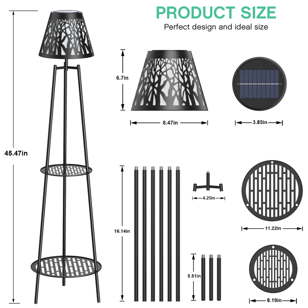 2 Pack Solar Floor Lamps Outdoor with 2-Tier Plant Stand, Metal Tall Planter Holder with Waterproof LED Lantern, Decorative Patio Light & Flower Pot Display Rack for Garden, Deck, Porch, Balcony