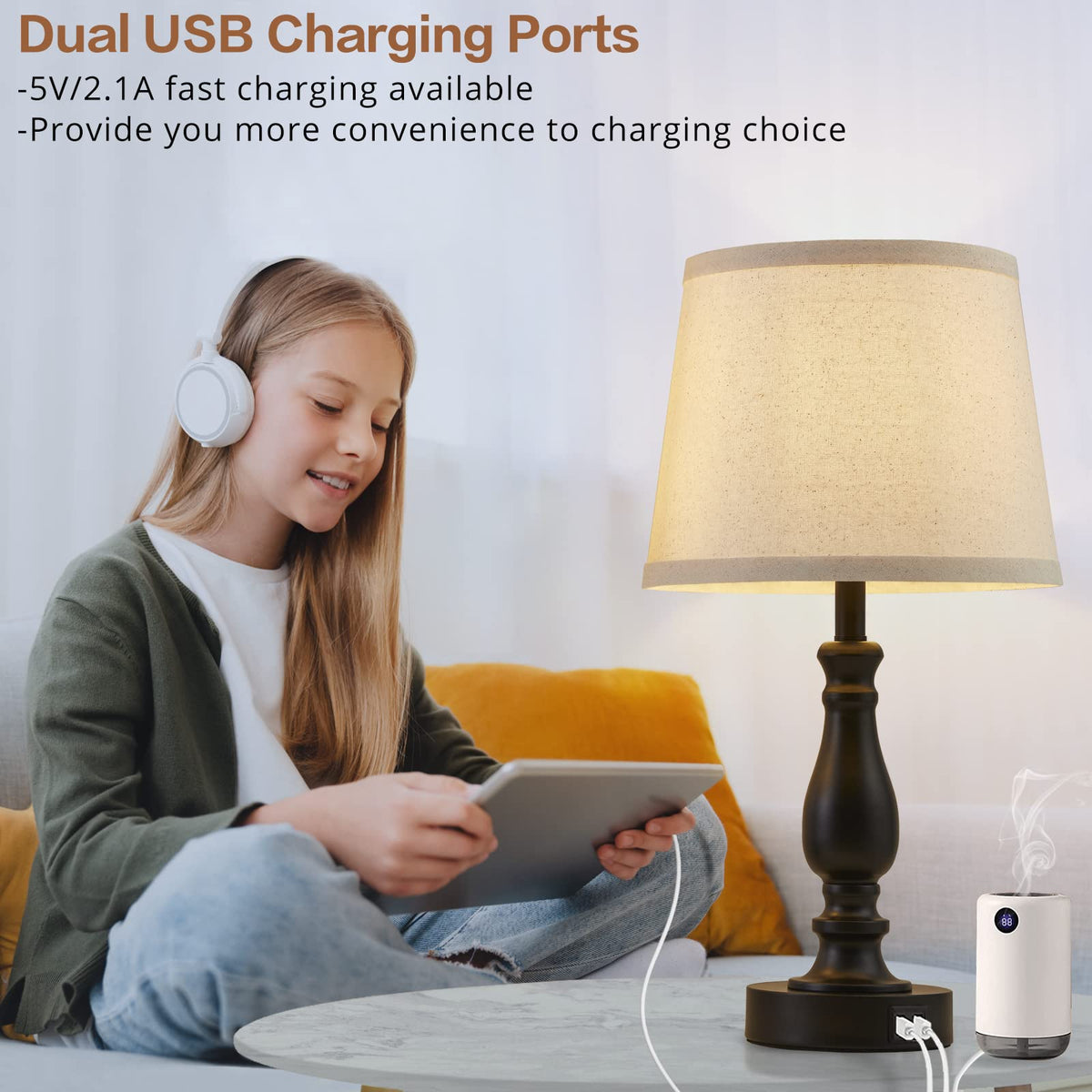 Lamps for Bedroom Set of 2,Touch Bedside Table Lamp with USB C+A Ports,Dimmable Nightstand Lamps with Round Fabric Linen Lampshade for Living Room Reading Bed Side End Table,Bulbs Included