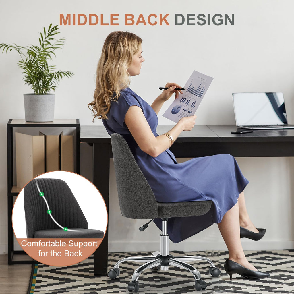 Office Chair, Comfy Desk Chair Rolling Vanity Swivel Task Chairs with Wheels, Wide Seating Armless Height Adjustable Computer Chairs for Home,Bedroom,Student,Adults, Gunmetal Gray