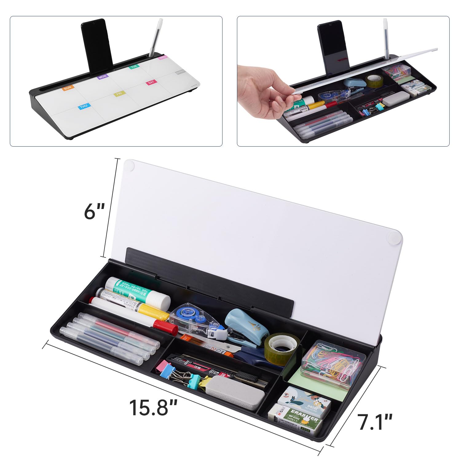 Whiteboard Weekly Dry-Erase-Board - Desktop White Board Calendar Desk Organizers with Accessories Computer Keyboard Stand with Drawer, for Office, Home, School Supplies - Black Calendar