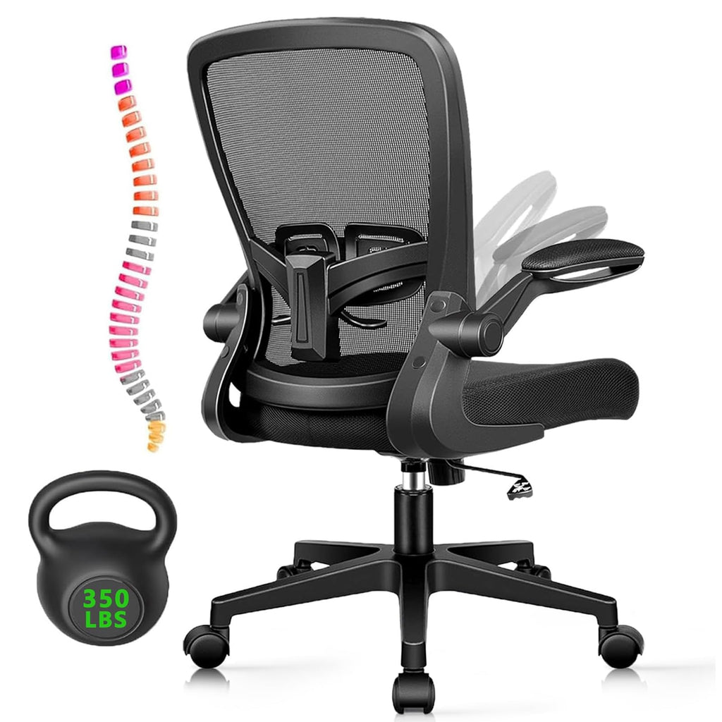 KLASIKA Office Desk Chairs with Wheels, Ergonomic Mesh Chair with Adjustable Height Lumbar Support, Rolling Swivel Computer Task Chair with Flip Up Armrests for Home, Study, Conference, Black