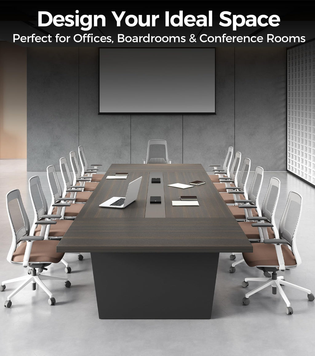 10FT Conference Table, Large Meeting Table for 10 People, Business Style Training Table with Charging Stations & 2" Thickened TableTop for Office Conference (Smoked Walnut & Gray, 118"L * 51"W * 30"H)