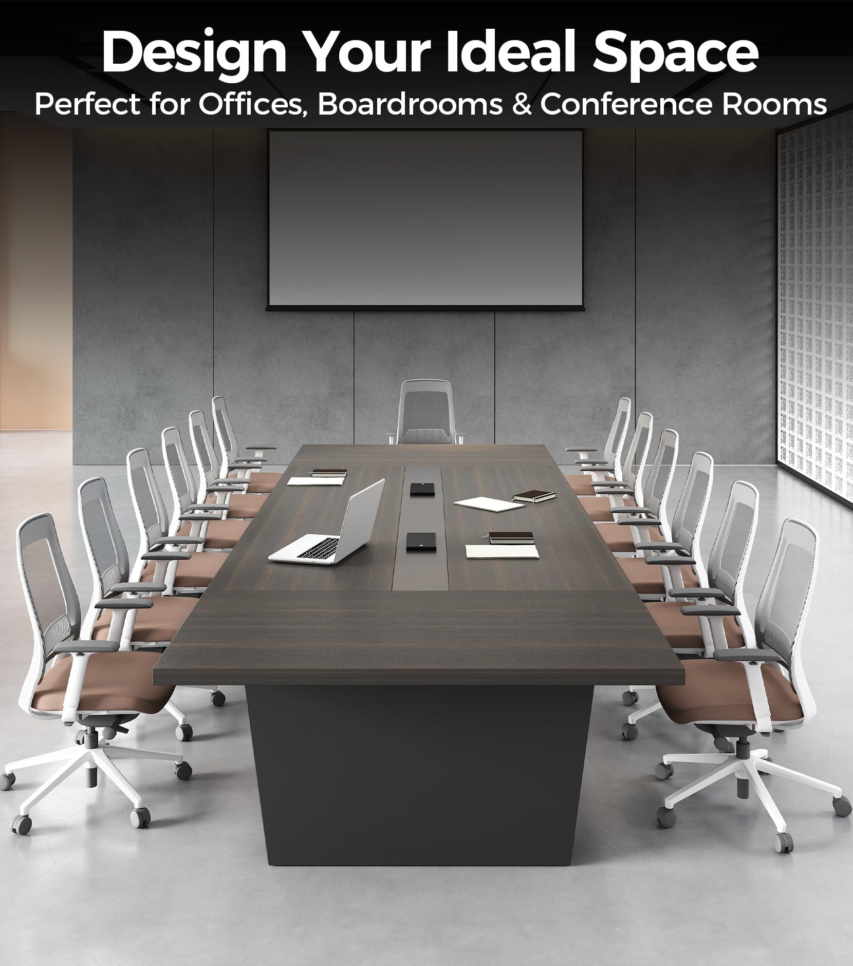 10FT Conference Table, Large Meeting Table for 10 People, Business Style Training Table with Charging Stations & 2" Thickened TableTop for Office Conference (Smoked Walnut & Gray, 118"L * 51"W * 30"H)