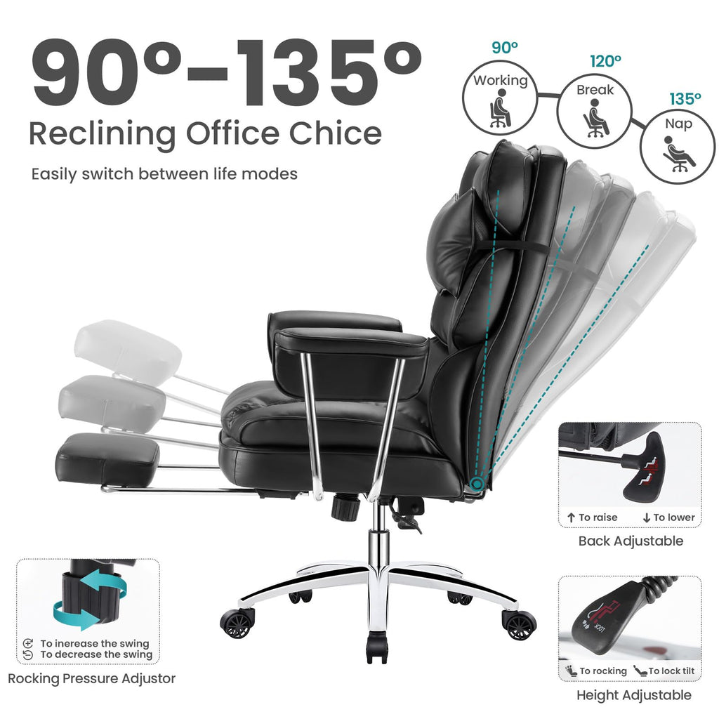 Home Office Desk Chair Comfy with Foot Rest, PU Leather Ergonomic Big and Tall High Back Support, 360° Swivel Wheels, Armrests and Detachable Pillow, Height Adjustable, Inky