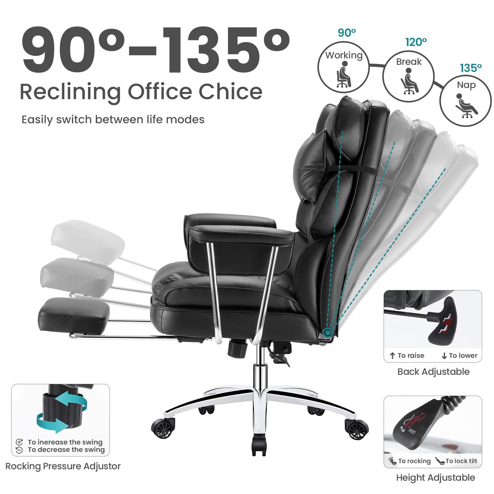 Home Office Desk Chair Comfy with Foot Rest, PU Leather Ergonomic Big and Tall High Back Support, 360° Swivel Wheels, Armrests and Detachable Pillow, Height Adjustable, Inky