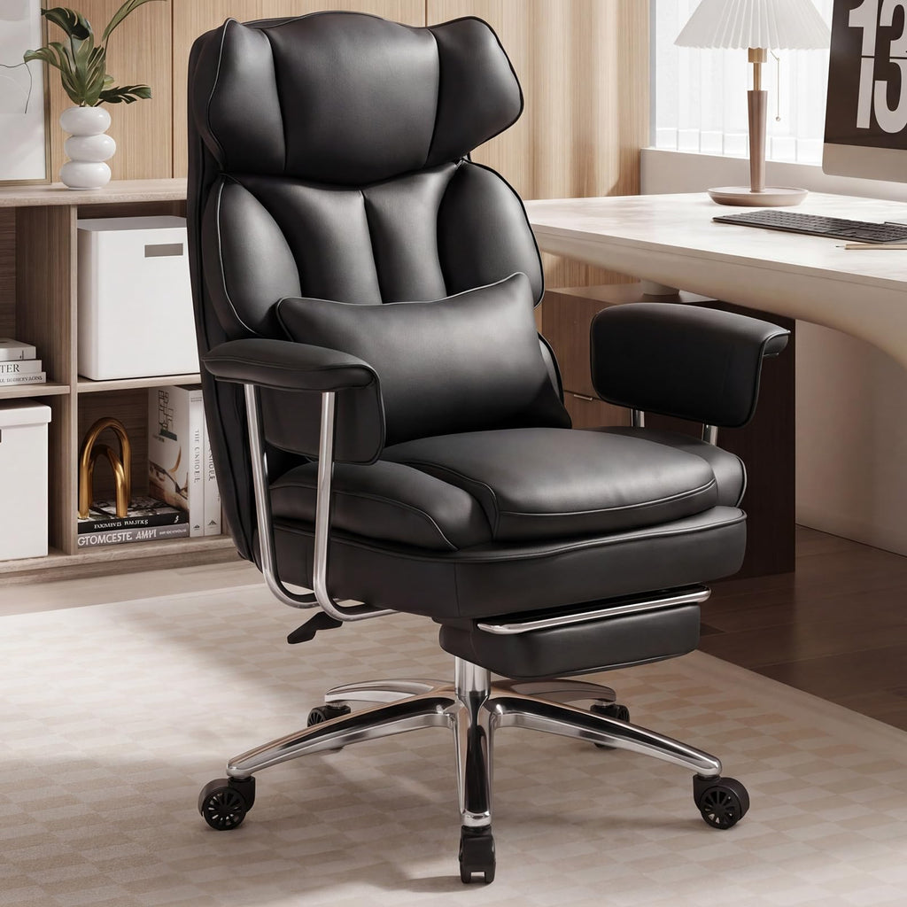 Home Office Desk Chair Comfy with Foot Rest, PU Leather Ergonomic Big and Tall High Back Support, 360° Swivel Wheels, Armrests and Detachable Pillow, Height Adjustable, Black