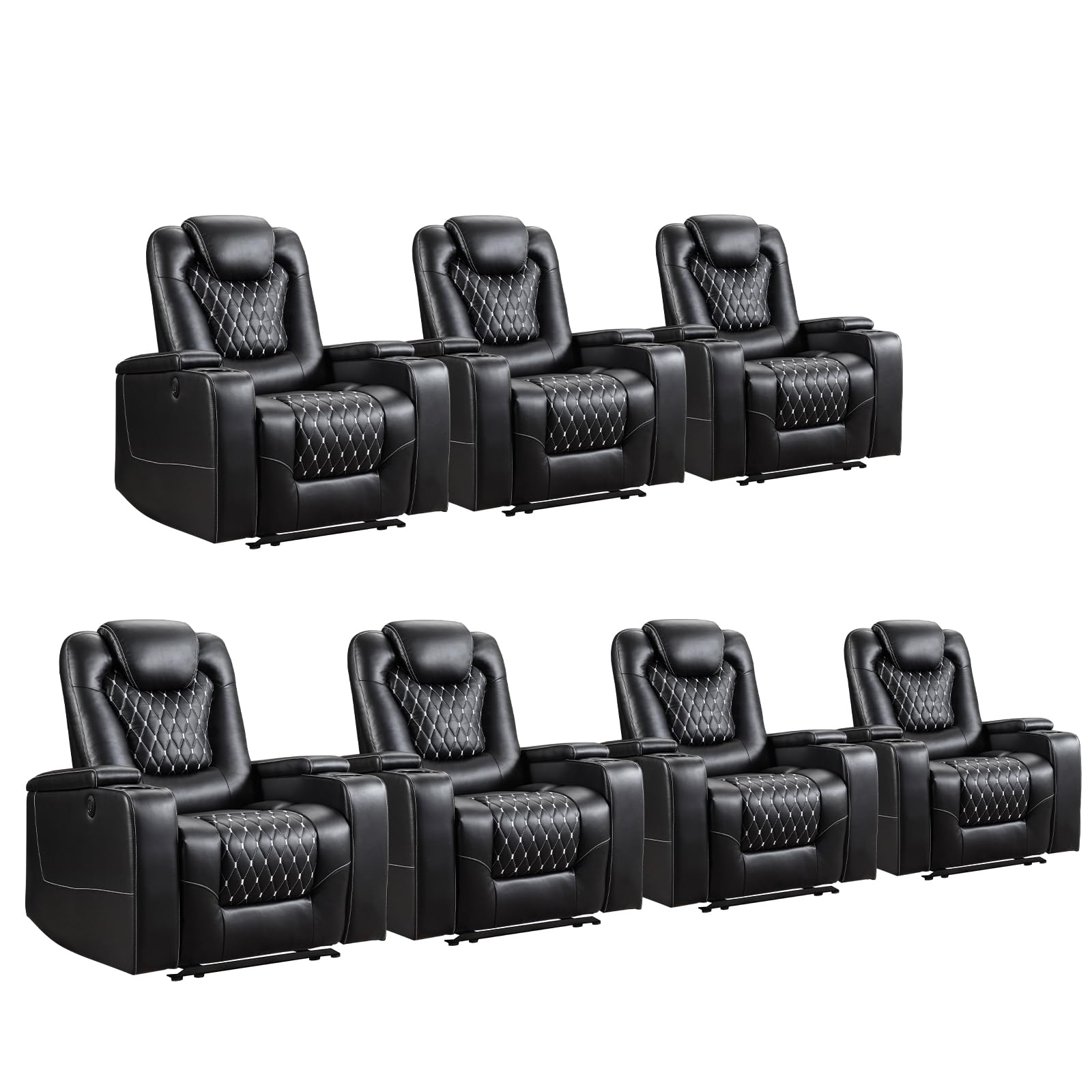 Power Recliner Chair Set of 7, Electric Soft Faux Leather Reclining Home Theater Seating - USB Ports, Cup Holders, Hidden Arm Storage Movie & Media Room Chairs (Black)