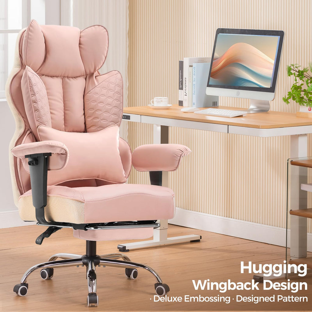 Big and Tall Gaming Chair 400lbs Heavy Duty Office Chair with Foot Rest & Ergonomic Pocket Spring Lumbar Support, High Back 3D Saddle Shaped Cushion for Back Pain Relief, Pink