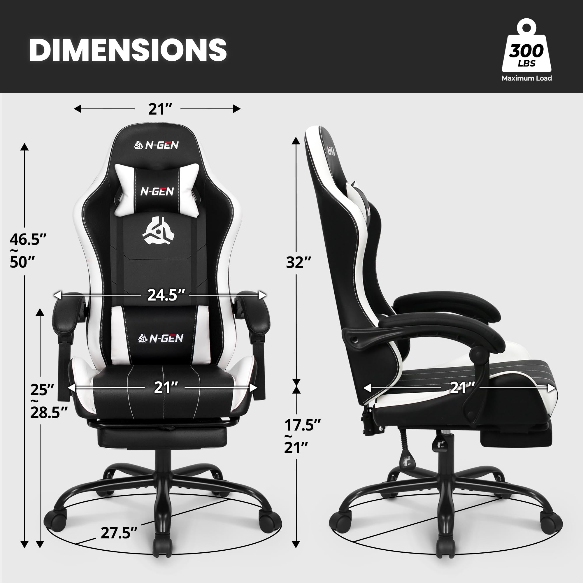 Gaming Chair with Footrest Lumbar Support for Home Office High Back Recliner Height Adjustable Ergonomic Comfy Leather Computer Desk Chair (White)
