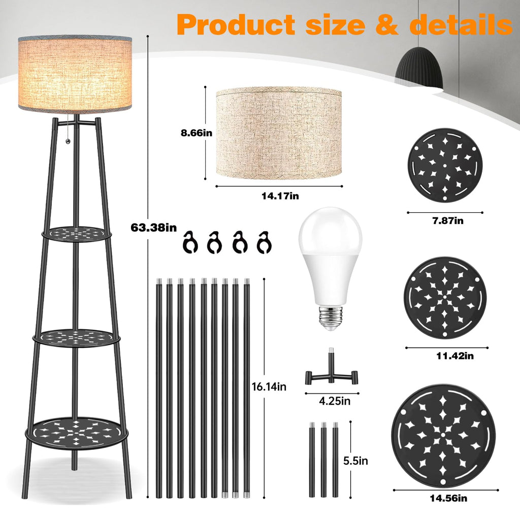 Floor Lamp with Shelves, Beige Shade Standing Lamp