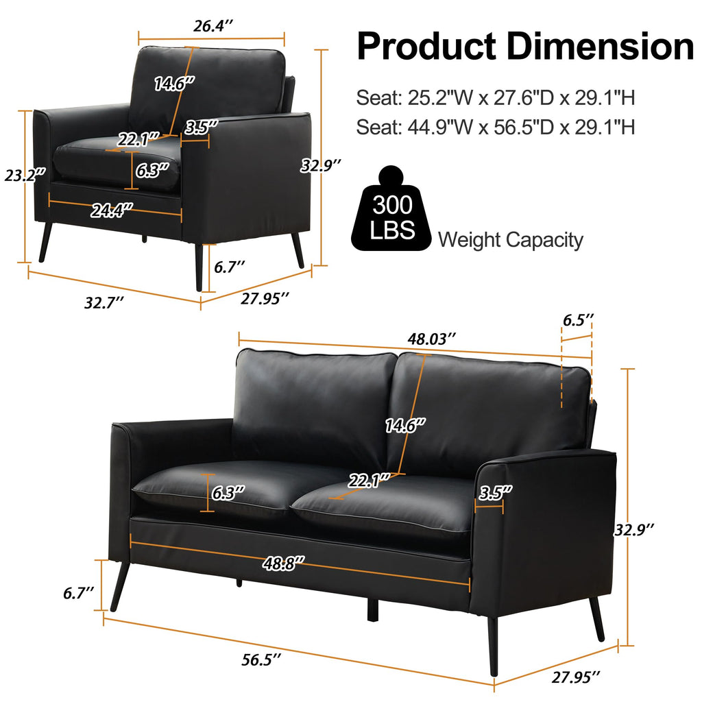 Modern Leather Loveseat, Upholstered Couch for Guest, Mid-Century Accent Chair for Living Room Comfy, Couches for Small Spaces, Sofa Chair Reading Chair for Waiting Room.